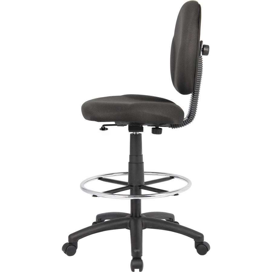 Boss Stand Up Fabric Drafting Stool with Foot Rest, Black - Black Crepe Fabric Seat - Black Crepe Fabric Back - 5-star Base - 1 Each