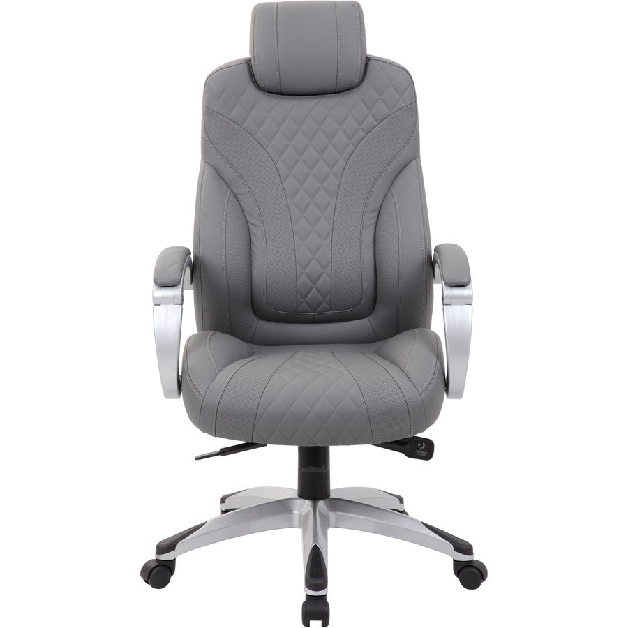 Boss Hinged Arm Executive Chair With Synchro-Tilt, Grey - Gray Vinyl Seat - Gray Vinyl Back - Silver Frame - 5-star Base - Armrest - 1 Each