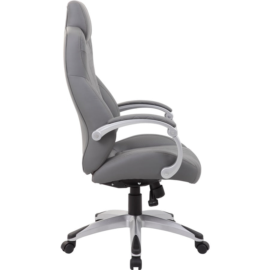 Boss Hinged Arm Executive Chair With Synchro-Tilt, Grey - Gray Vinyl Seat - Gray Vinyl Back - Silver Frame - 5-star Base - Armrest - 1 Each