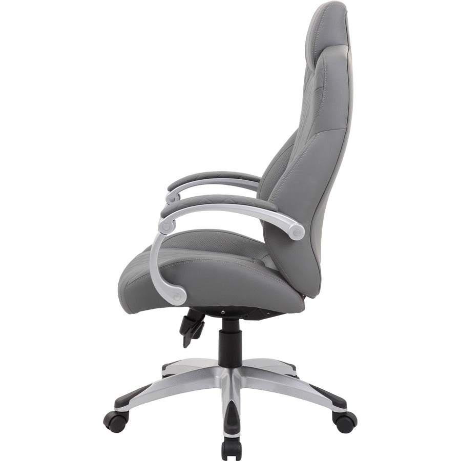 Boss Hinged Arm Executive Chair With Synchro-Tilt, Grey - Gray Vinyl Seat - Gray Vinyl Back - Silver Frame - 5-star Base - Armrest - 1 Each