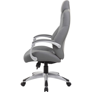 Boss Hinged Arm Executive Chair With Synchro-Tilt, Grey - Gray Vinyl Seat - Gray Vinyl Back - Silver Frame - 5-star Base - Armrest - 1 Each