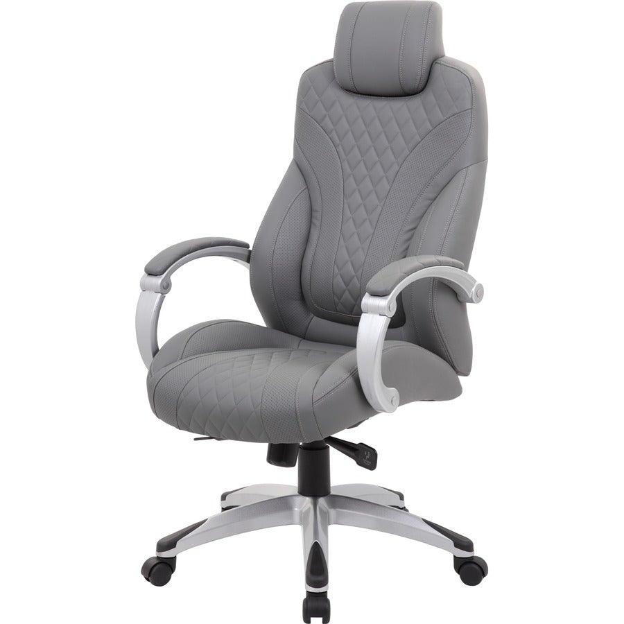 Boss Hinged Arm Executive Chair With Synchro-Tilt, Grey - Gray Vinyl Seat - Gray Vinyl Back - Silver Frame - 5-star Base - Armrest - 1 Each - 7