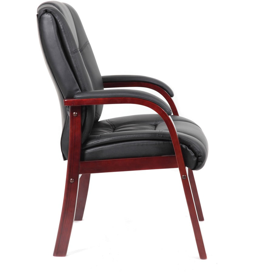 Boss B8999-M Guest Chair - Black Vinyl Seat - Black Vinyl Back - Mahogany Frame - Mid Back - Four-legged Base - 1 Each