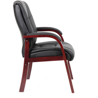 Boss B8999-M Guest Chair - Black Vinyl Seat - Black Vinyl Back - Mahogany Frame - Mid Back - Four-legged Base - 1 Each