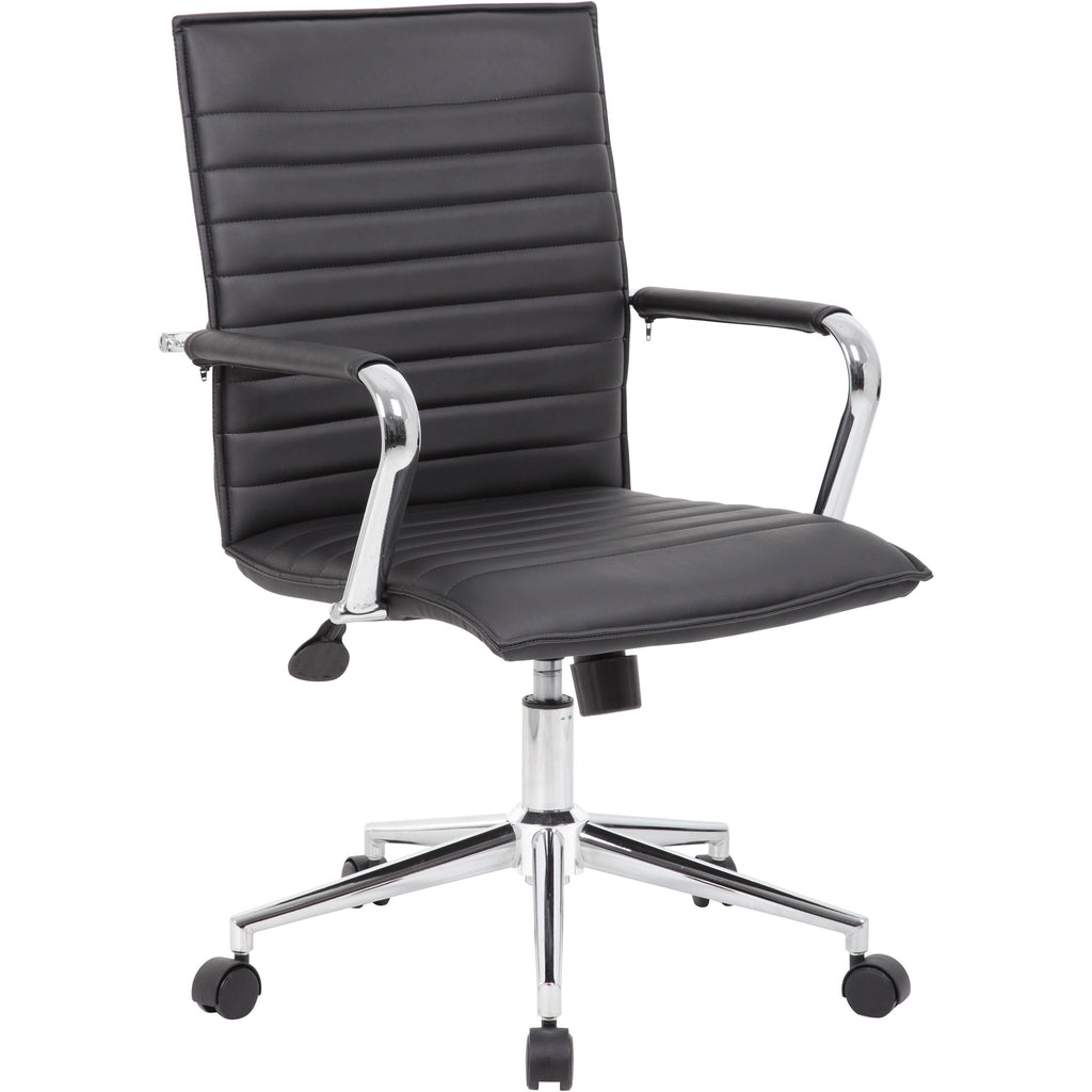Boss Black Vinyl Hospitality Chair - Black Vinyl Seat - Black Vinyl Back - Chrome Frame - 5-star Base - Armrest - 1 Each