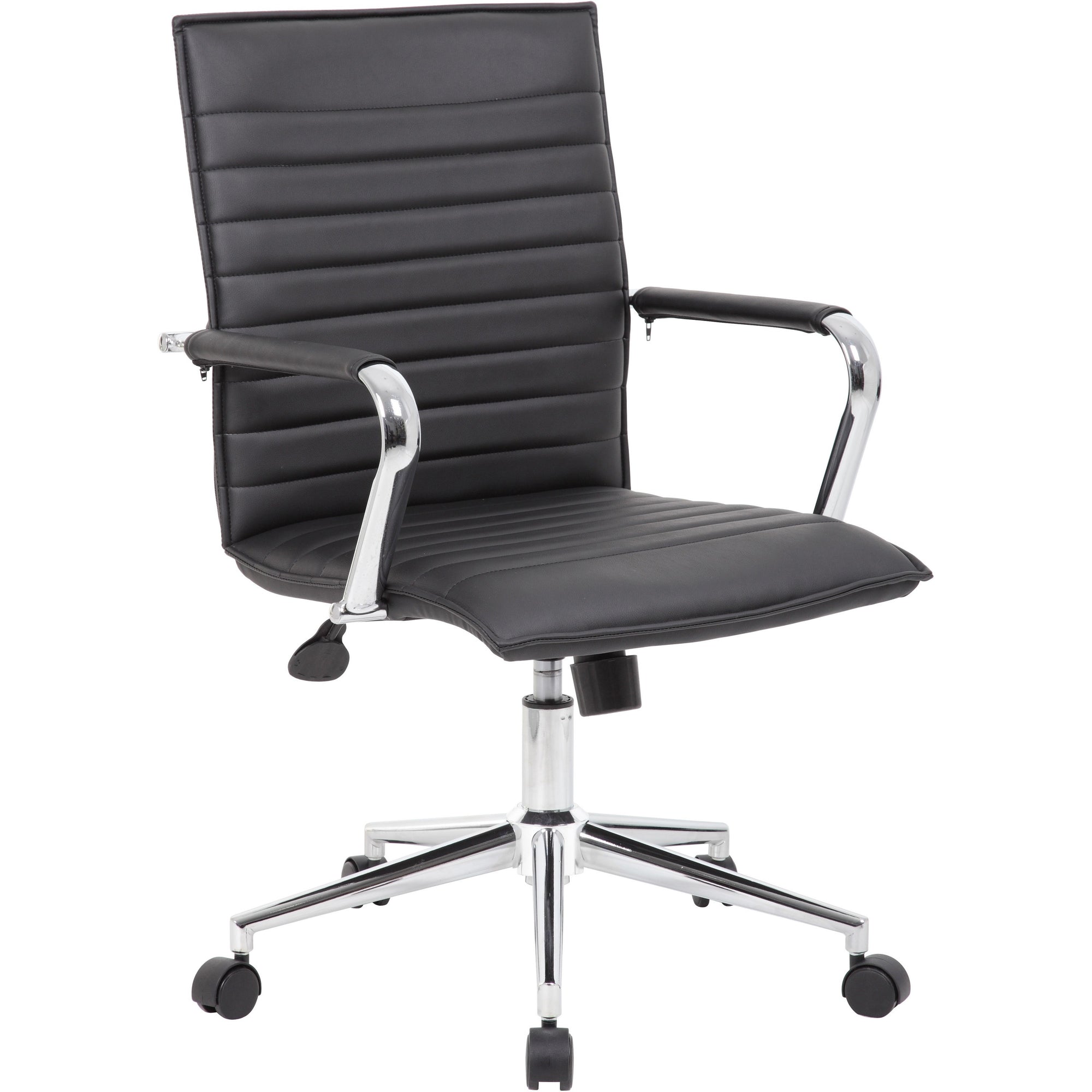 Boss Black Vinyl Hospitality Chair - Black Vinyl Seat - Black Vinyl Back - Chrome Frame - 5-star Base - Armrest - 1 Each