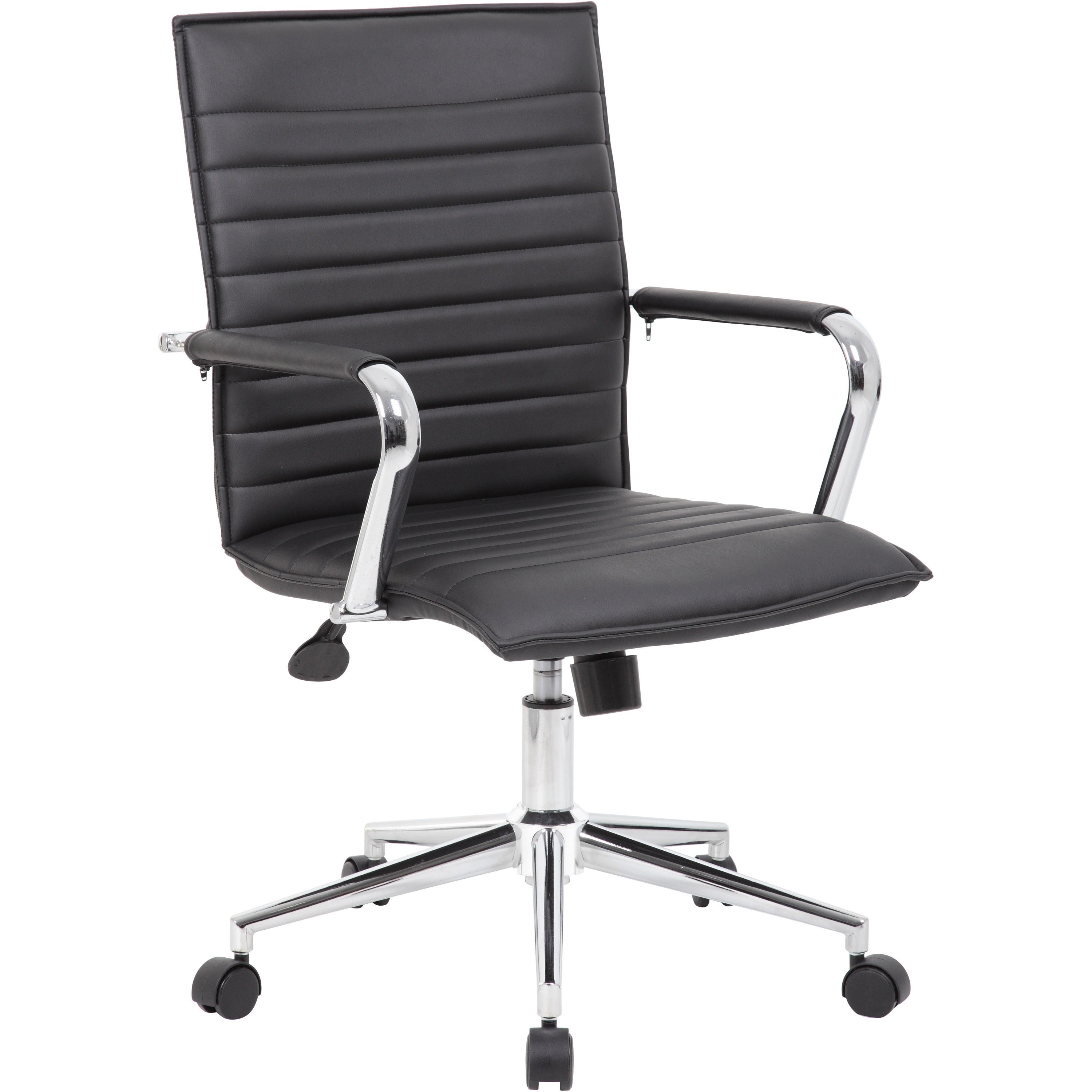 Boss Black Vinyl Hospitality Chair - Black Vinyl Seat - Black Vinyl Back - Chrome Frame - 5-star Base - Armrest - 1 Each - 1