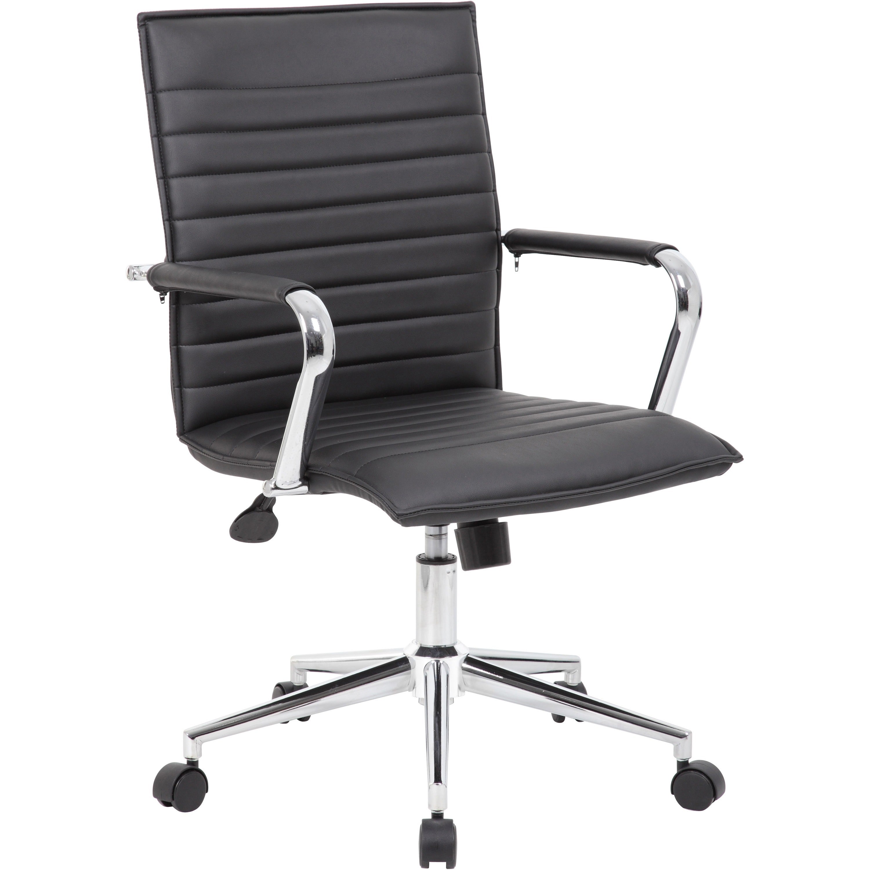 Boss Black Vinyl Hospitality Chair - Black Vinyl Seat - Black Vinyl Back - Chrome Frame - 5-star Base - Armrest - 1 Each