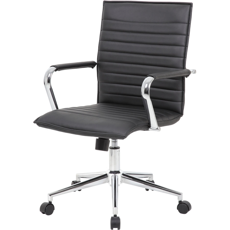 Boss Black Vinyl Hospitality Chair - Black Vinyl Seat - Black Vinyl Back - Chrome Frame - 5-star Base - Armrest - 1 Each - 6