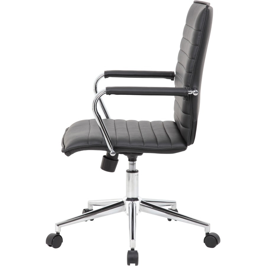Boss Black Vinyl Hospitality Chair - Black Vinyl Seat - Black Vinyl Back - Chrome Frame - 5-star Base - Armrest - 1 Each