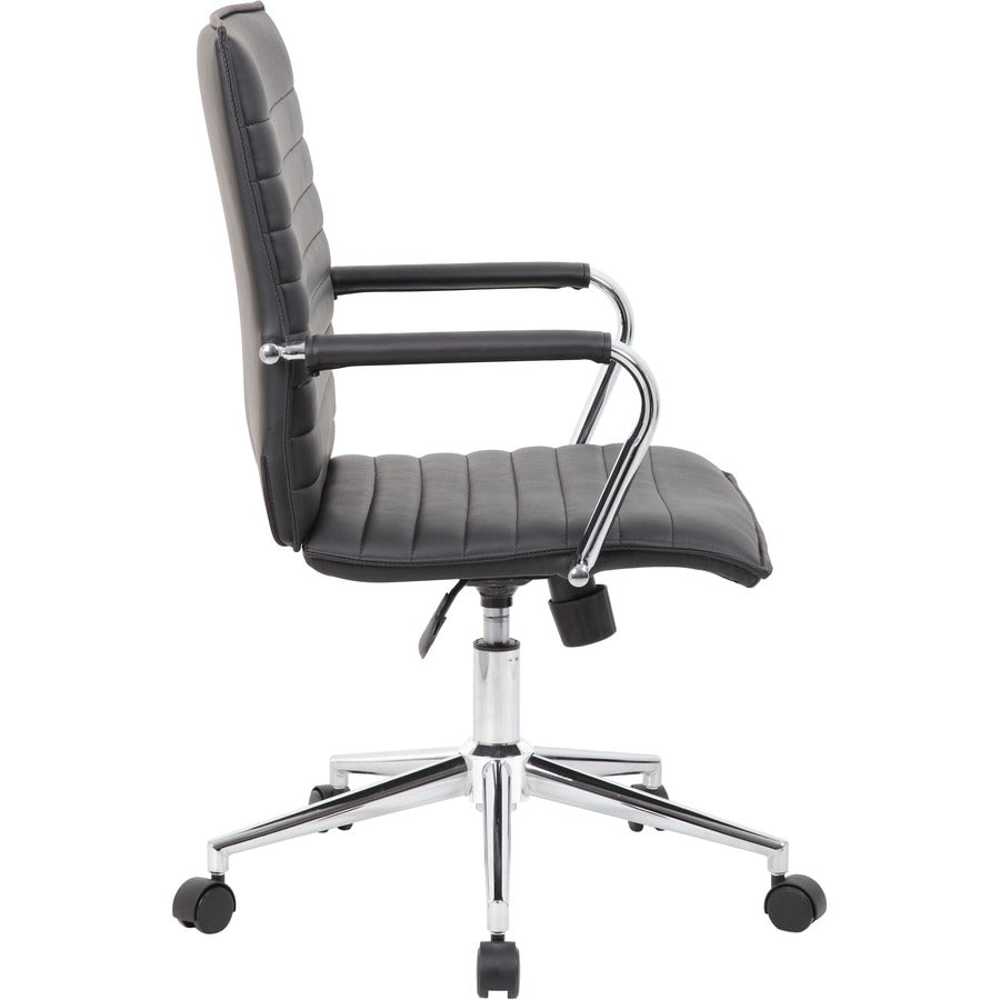 Boss Black Vinyl Hospitality Chair - Black Vinyl Seat - Black Vinyl Back - Chrome Frame - 5-star Base - Armrest - 1 Each