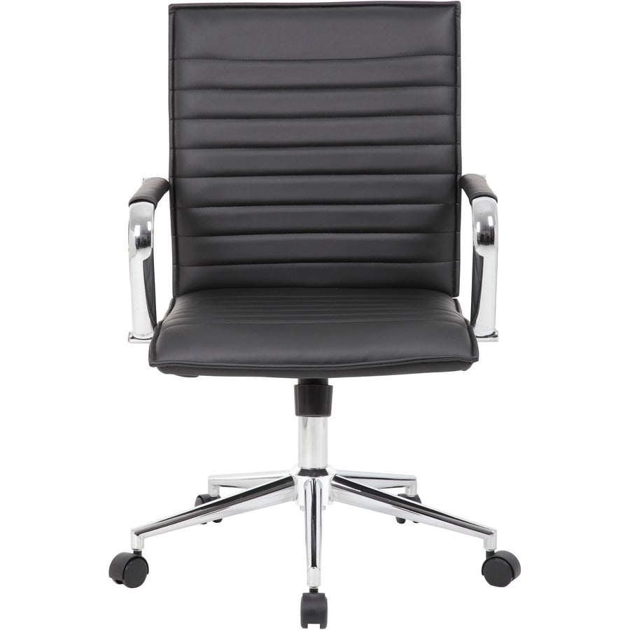 Boss Black Vinyl Hospitality Chair - Black Vinyl Seat - Black Vinyl Back - Chrome Frame - 5-star Base - Armrest - 1 Each