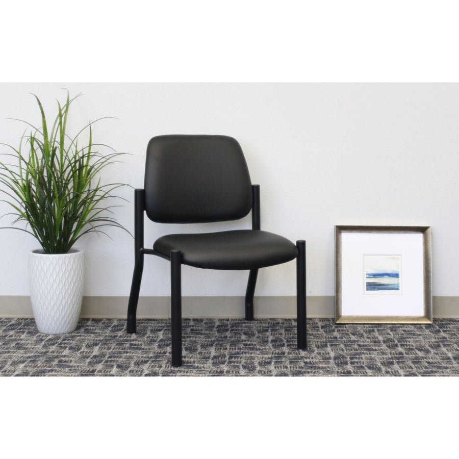 Boss Antimicrobial Armless Guest Chair, 300 lb. Weight Capacity - Black Vinyl Seat - Black Vinyl Back - Black Steel Frame - Mid Back - Four-legged Base - 6