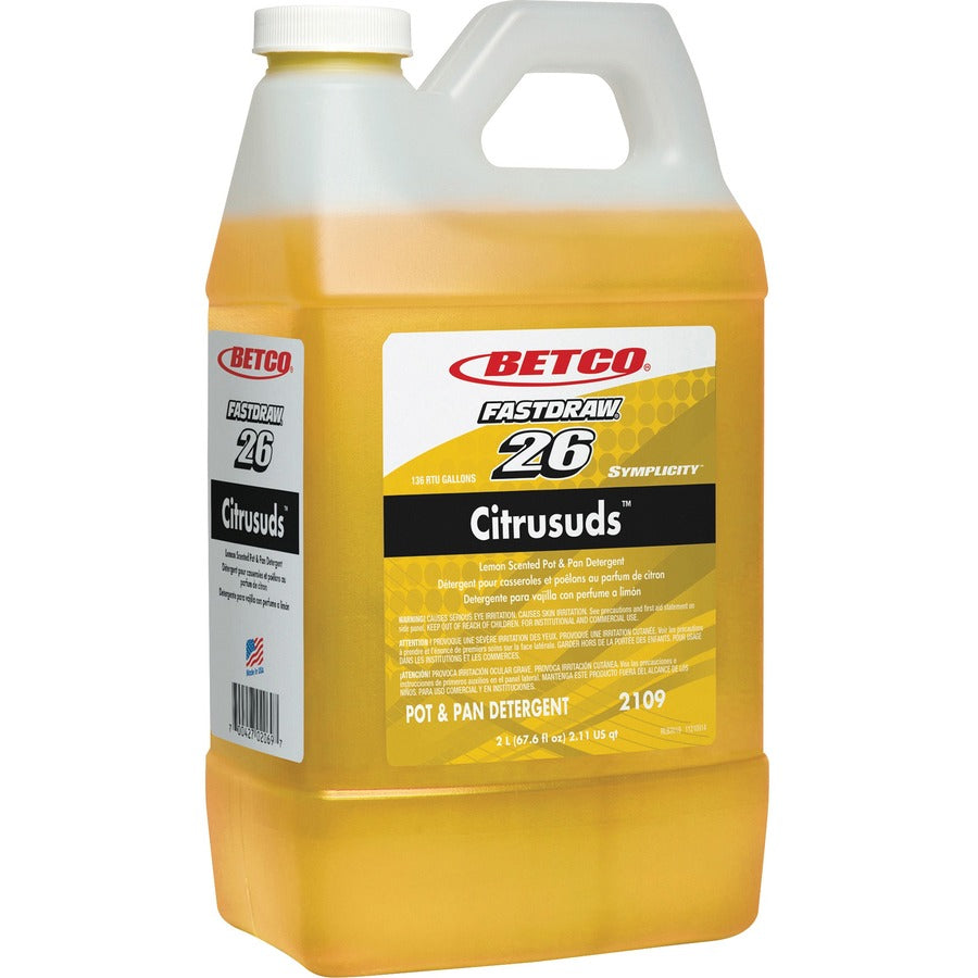Betco Symplicity Citrusuds Pot/Pan Detergent - FASTDRAW 26 - Concentrate - 67.6 fl oz (2.1 quart) - Lemon Scent - 4 / Carton - Heavy Duty, Spill Proof, Phosphate-free - Yellow - 2