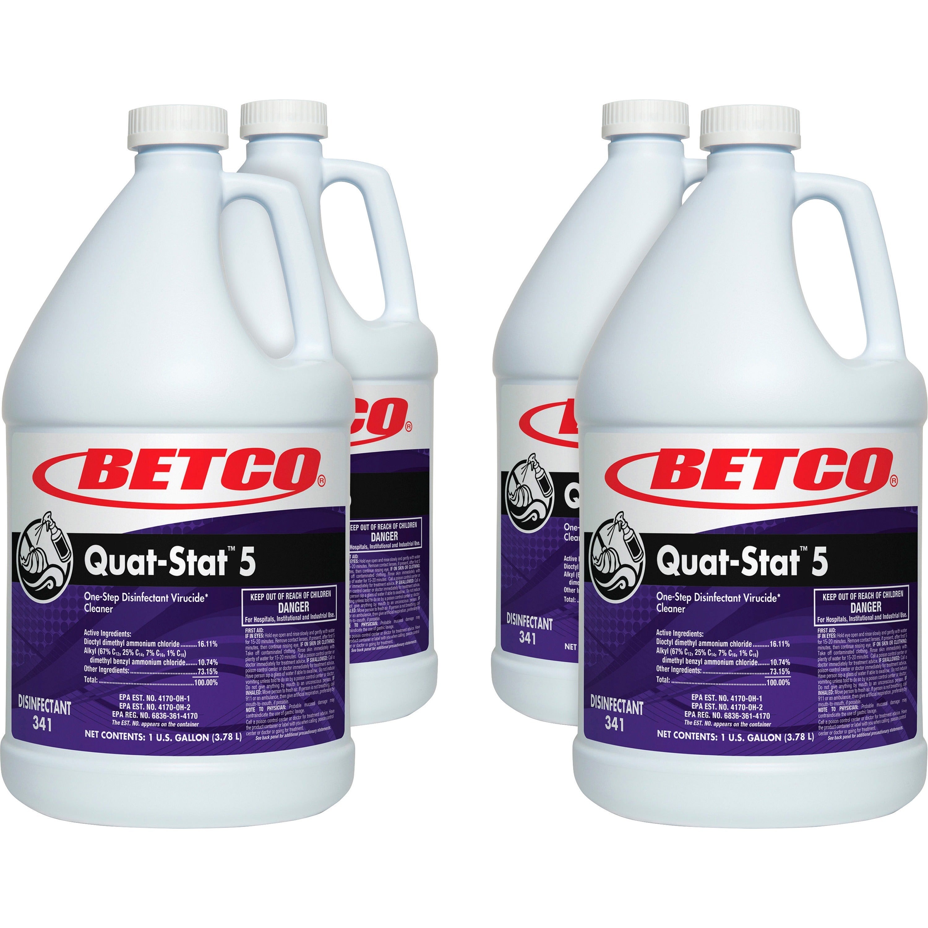 Betco Quat-Stat 5 Disinfectant Gallon - Concentrate - 128 fl oz (4 quart) - Lavender Scent - 4 / Carton - Deodorize - Purple - 1