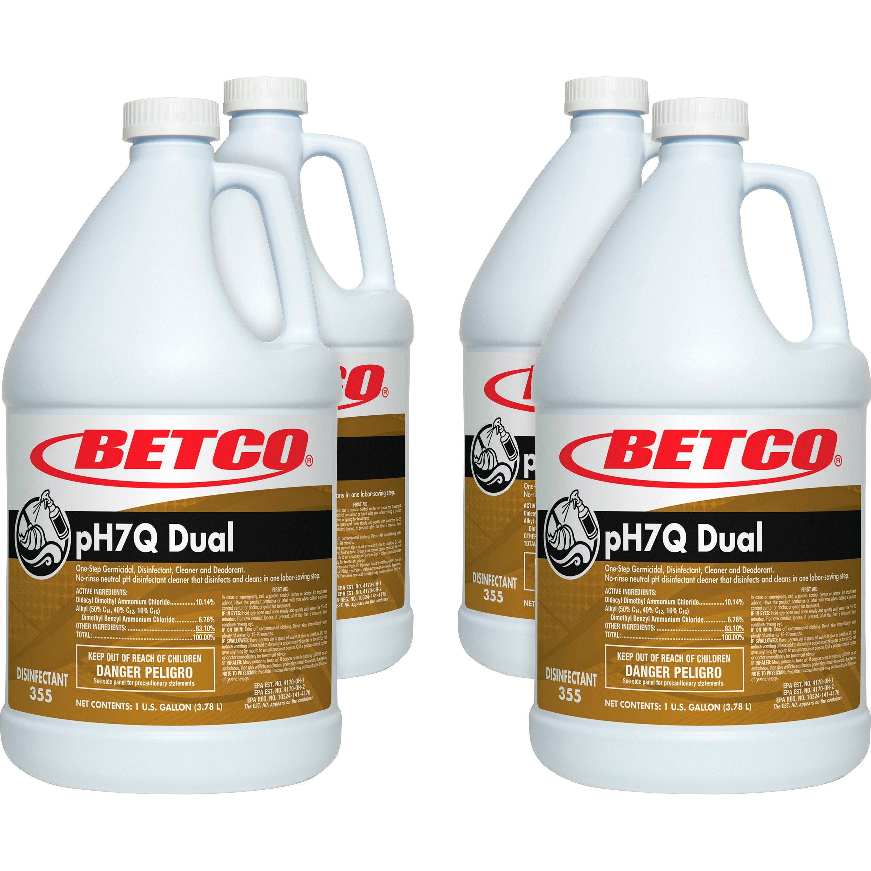 Betco pH7Q Dual Neutral Disinfectant Cleaner - Concentrate - 128 fl oz (4 quart) - Pleasant Lemon Scent - 4 / Carton - Deodorize, pH Neutral - Light Amber - 1