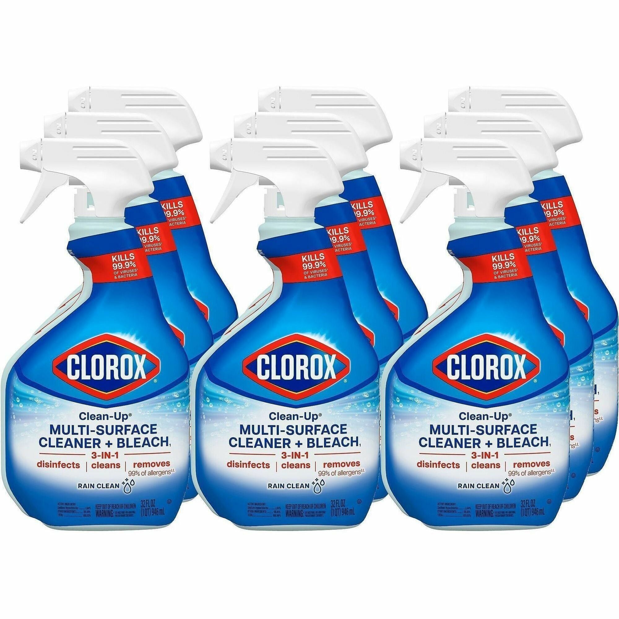 Clorox Clean-Up All Purpose Cleaner with Bleach - For Multipurpose - 32 fl oz (1 quart) - Rain Clean Scent - 9 / Carton - Deodorize, Disinfectant, Easy to Use - Multi
