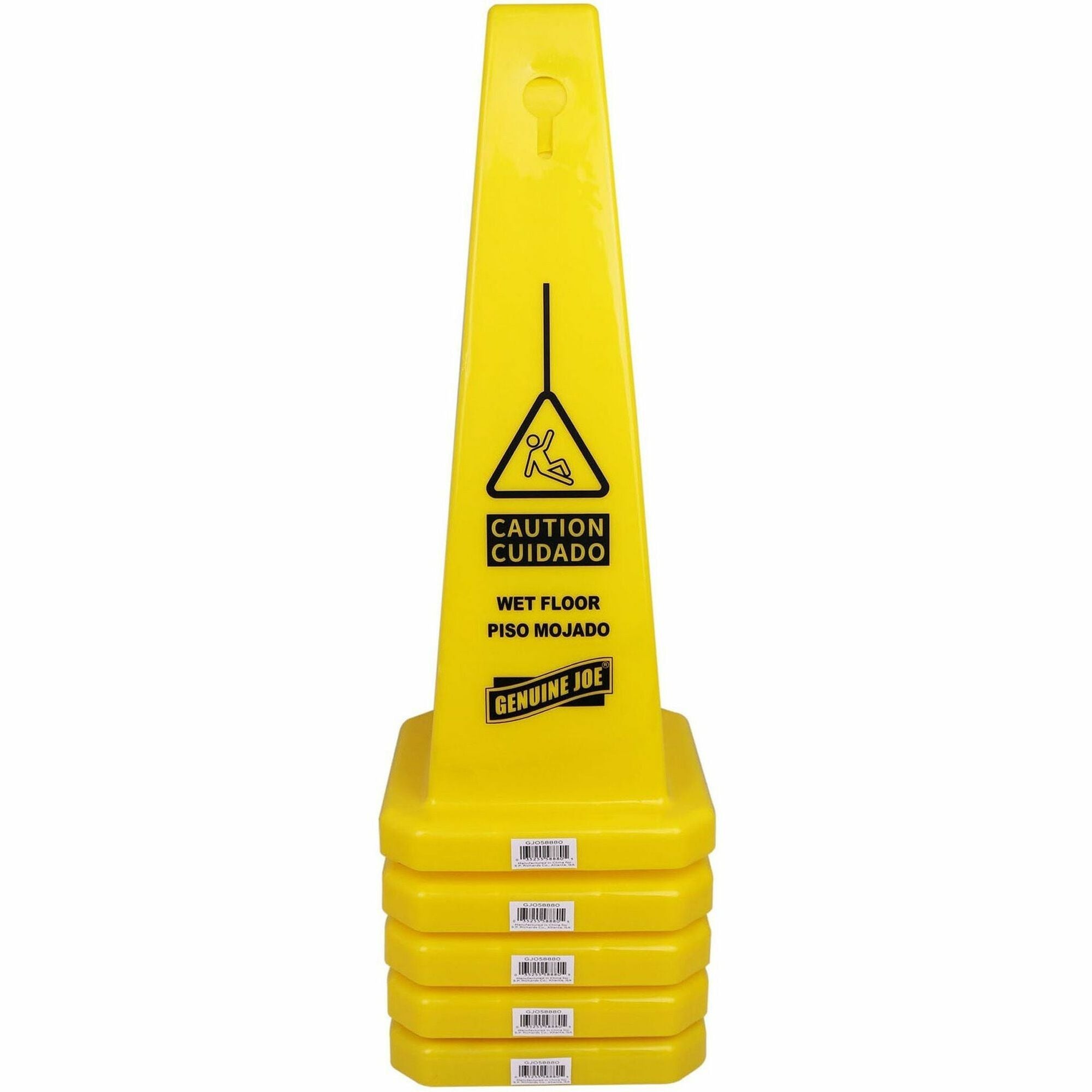 Genuine Joe Bright 4-sided Caution Safety Cone - 5 / Carton - English, Spanish - 10" Width x 24" Height x 10" Depth - Cone Shape - Stackable - Industrial - Polypropylene - Yellow