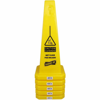Genuine Joe Bright 4-sided Caution Safety Cone - 5 / Carton - English, Spanish - 10" Width x 24" Height x 10" Depth - Cone Shape - Stackable - Industrial - Polypropylene - Yellow