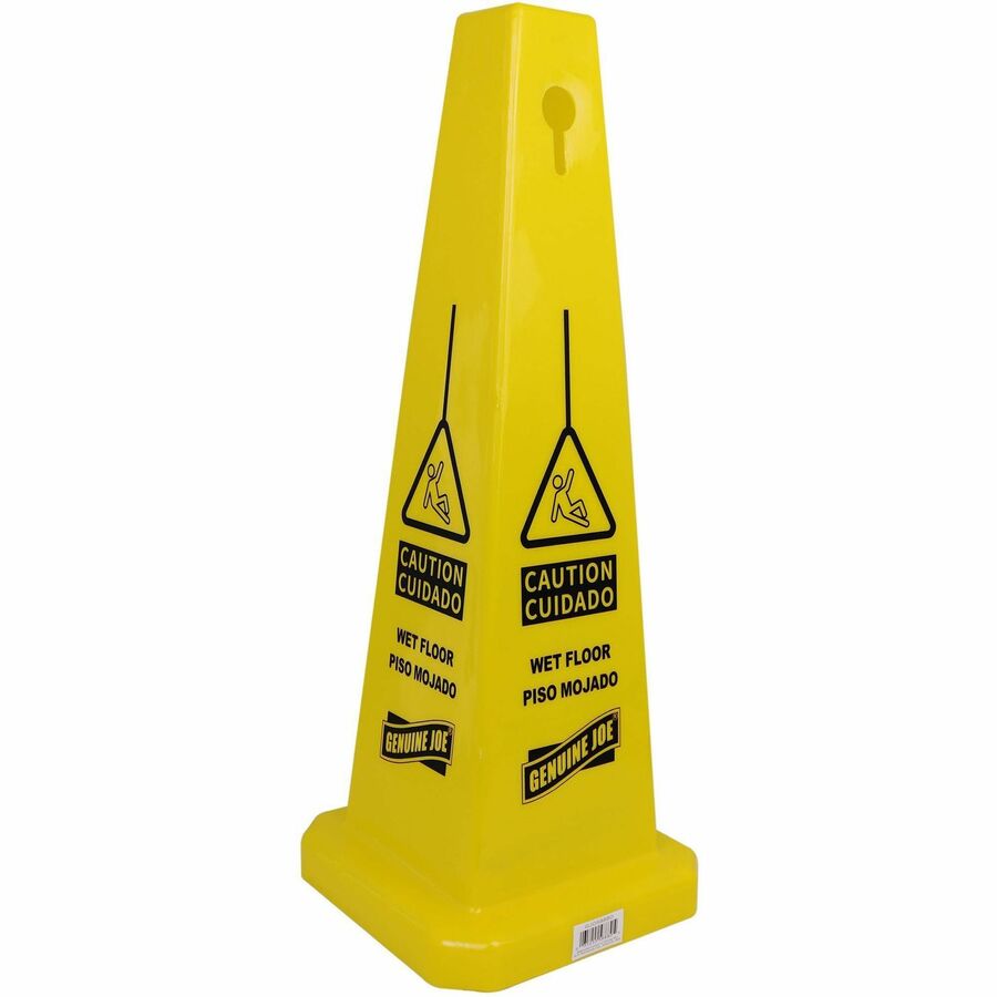 Genuine Joe Bright 4-sided Caution Safety Cone - 5 / Carton - English, Spanish - 10" Width x 24" Height x 10" Depth - Cone Shape - Stackable - Industrial - Polypropylene - Yellow
