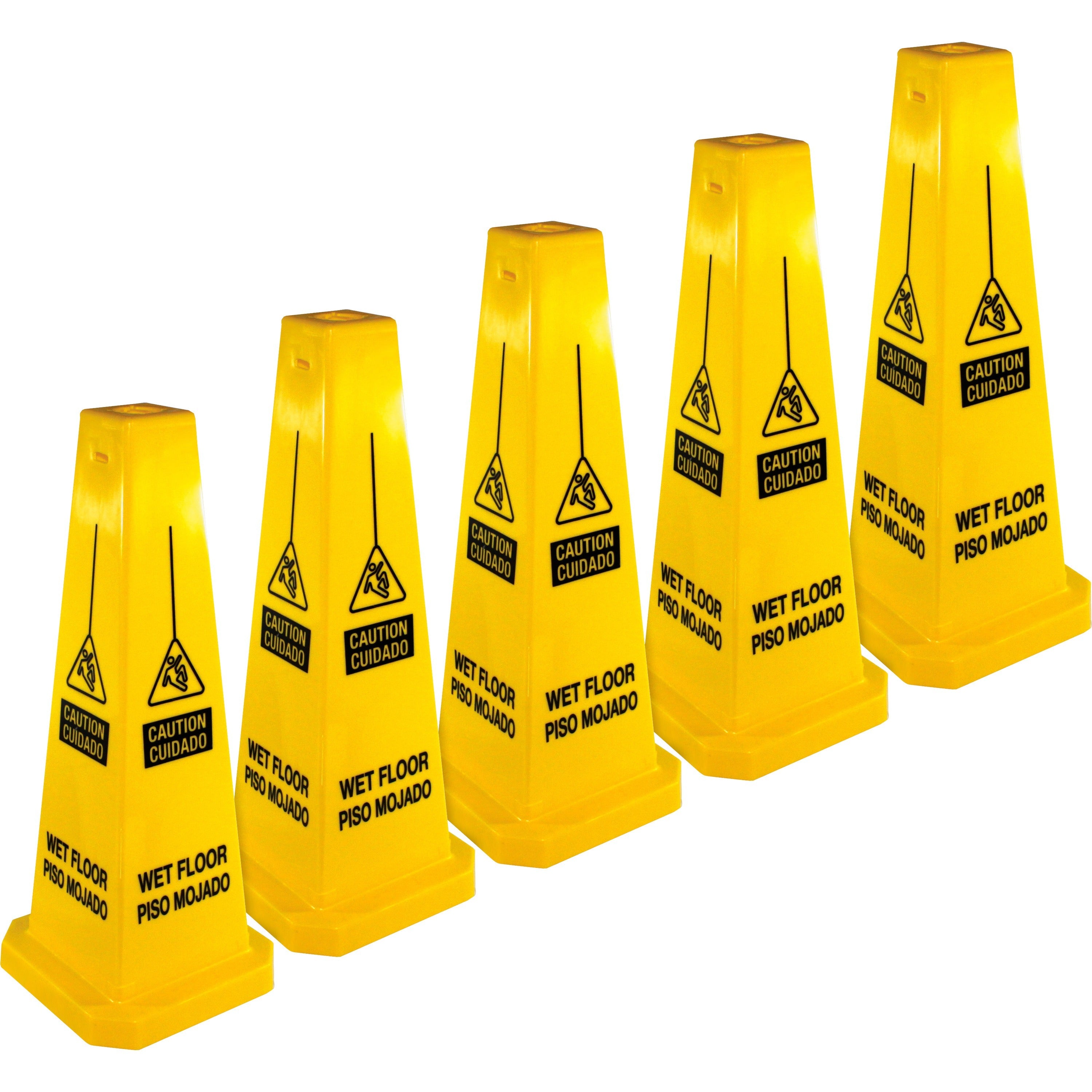 genuine-joe-bright-4-sided-caution-safety-cone-5-carton-english-spanish-10-width-x-24-height-x-10-depth-cone-shape-stackable-industrial-polypropylene-yellow_gjo58880ct - 1