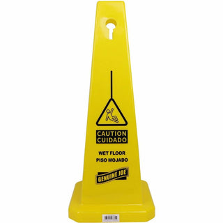 Genuine Joe Bright 4-sided Caution Safety Cone - 5 / Carton - English, Spanish - 10" Width x 24" Height x 10" Depth - Cone Shape - Stackable - Industrial - Polypropylene - Yellow
