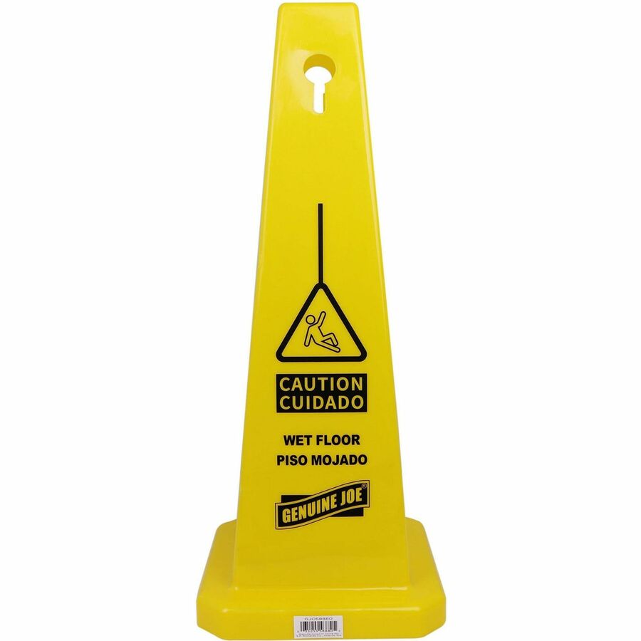 Genuine Joe Bright 4-sided Caution Safety Cone - 5 / Carton - English, Spanish - 10" Width x 24" Height x 10" Depth - Cone Shape - Stackable - Industrial - Polypropylene - Yellow