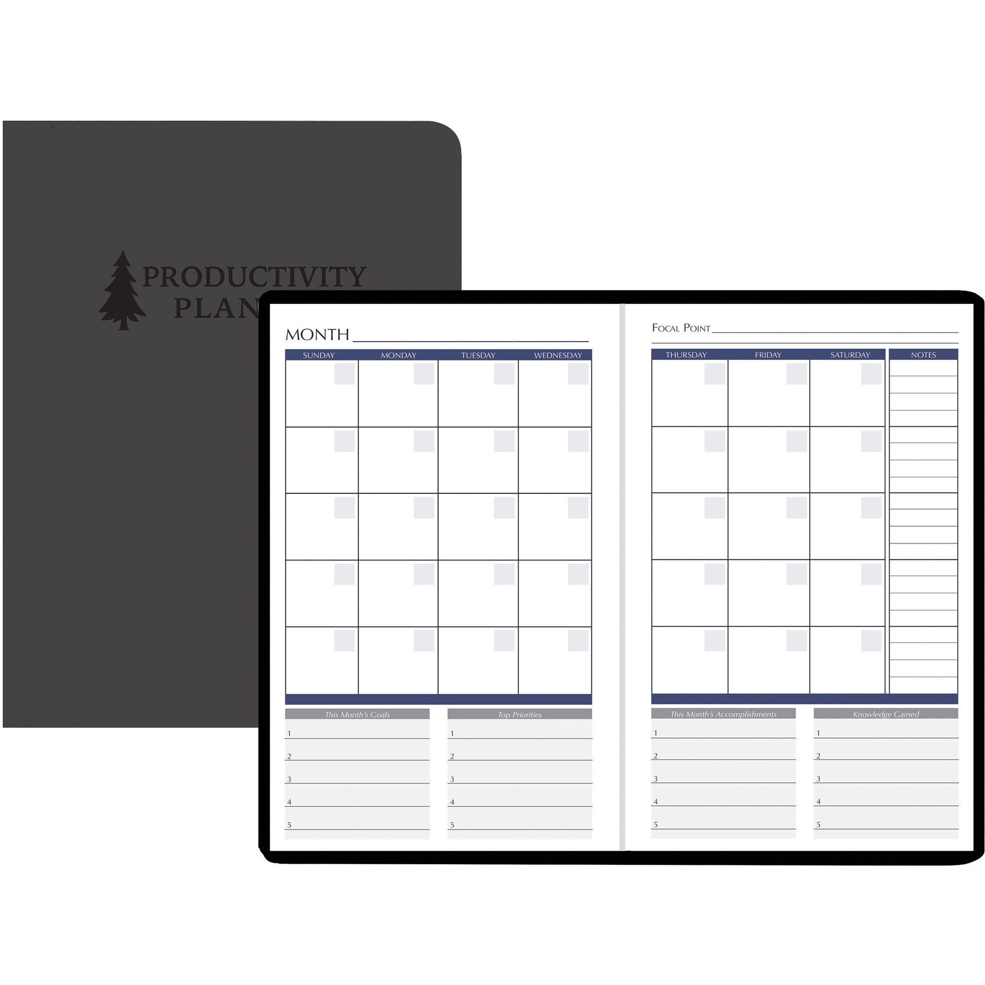 House of Doolittle Non-dated Productivity Planner - Monthly, Weekly - 12 Month - 1 Month, 1 Day, 1 Week Double Page Layout - Blue Sheet - Gray - Suede - Gray Cover - 9.3" Height x 6.3" Width - Embossed, Pocket, Daily Schedule, Task List, To-do List,