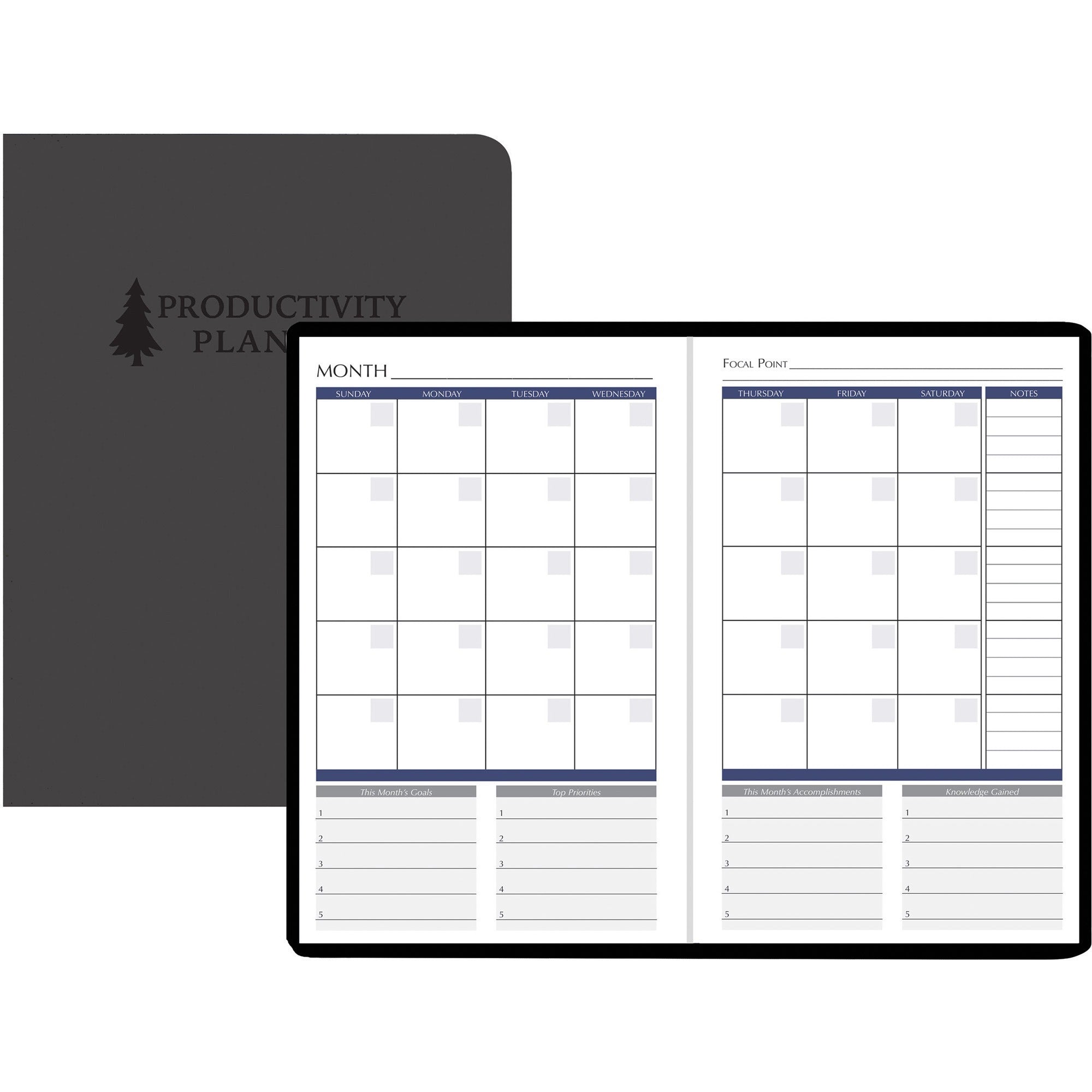 house-of-doolittle-non-dated-productivity-planner-monthly-weekly-12-month-1-month-1-day-1-week-double-page-layout-blue-sheet-gray-suede-gray-cover-93-height-x-63-width-embossed-pocket-daily-schedule-task-list-to-do-list_hod59799 - 1