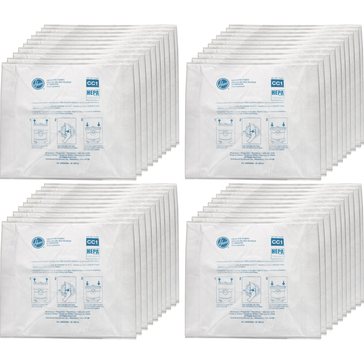 Hoover HushTone HEPA Vacuum Bags - 40 / Carton - Type CC1 - Disposable, Dust Proof - White