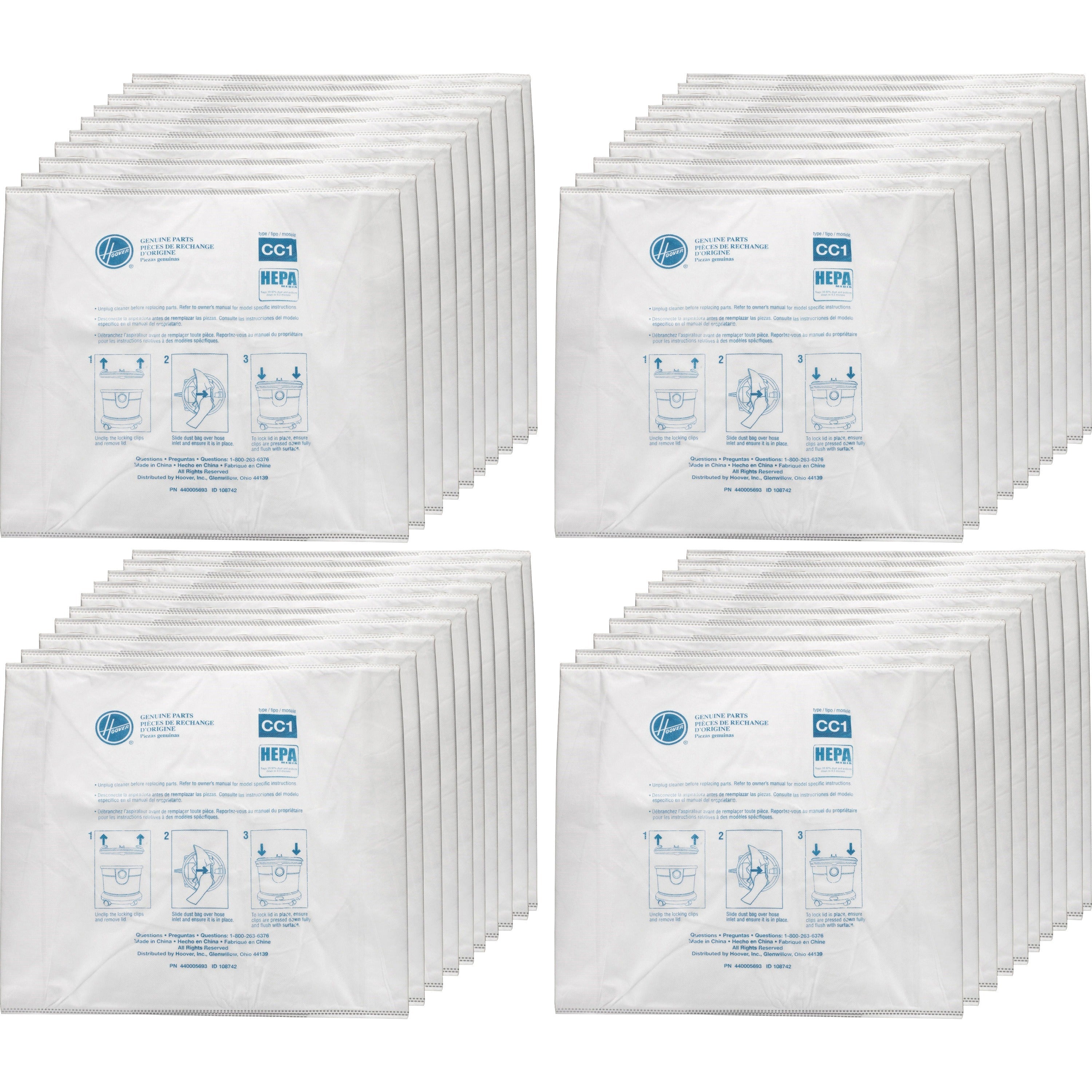 Hoover HushTone HEPA Vacuum Bags - 40 / Carton - Type CC1 - Disposable, Dust Proof - White
