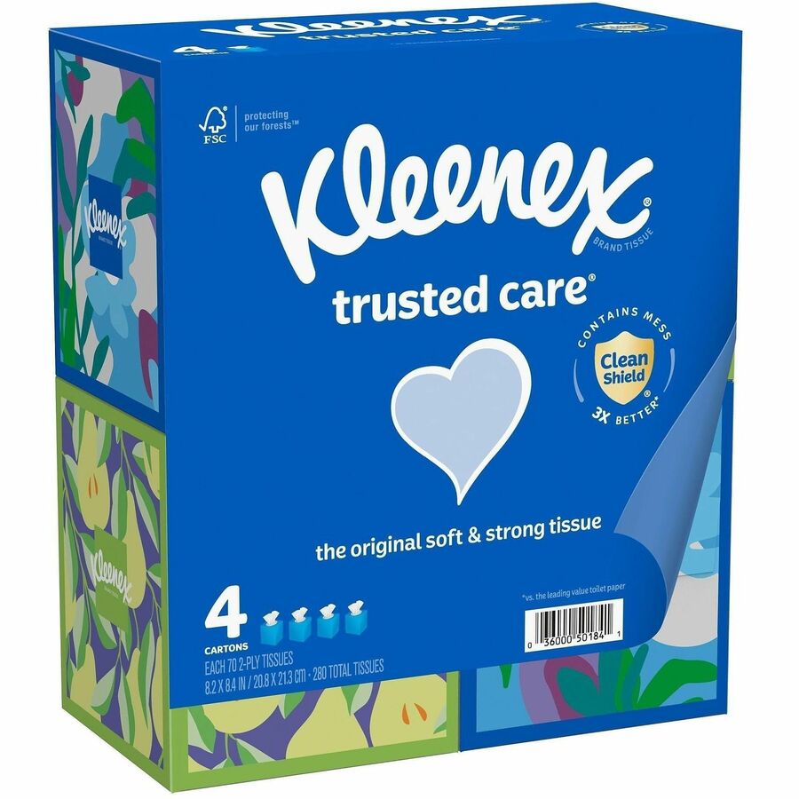 Kleenex Trusted Care Tissues - 2 Ply - 8.20" x 8.40" - White - Soft, Strong, Absorbent, Durable - For Home, Office, School - 70 Per Box - 4 / Pack