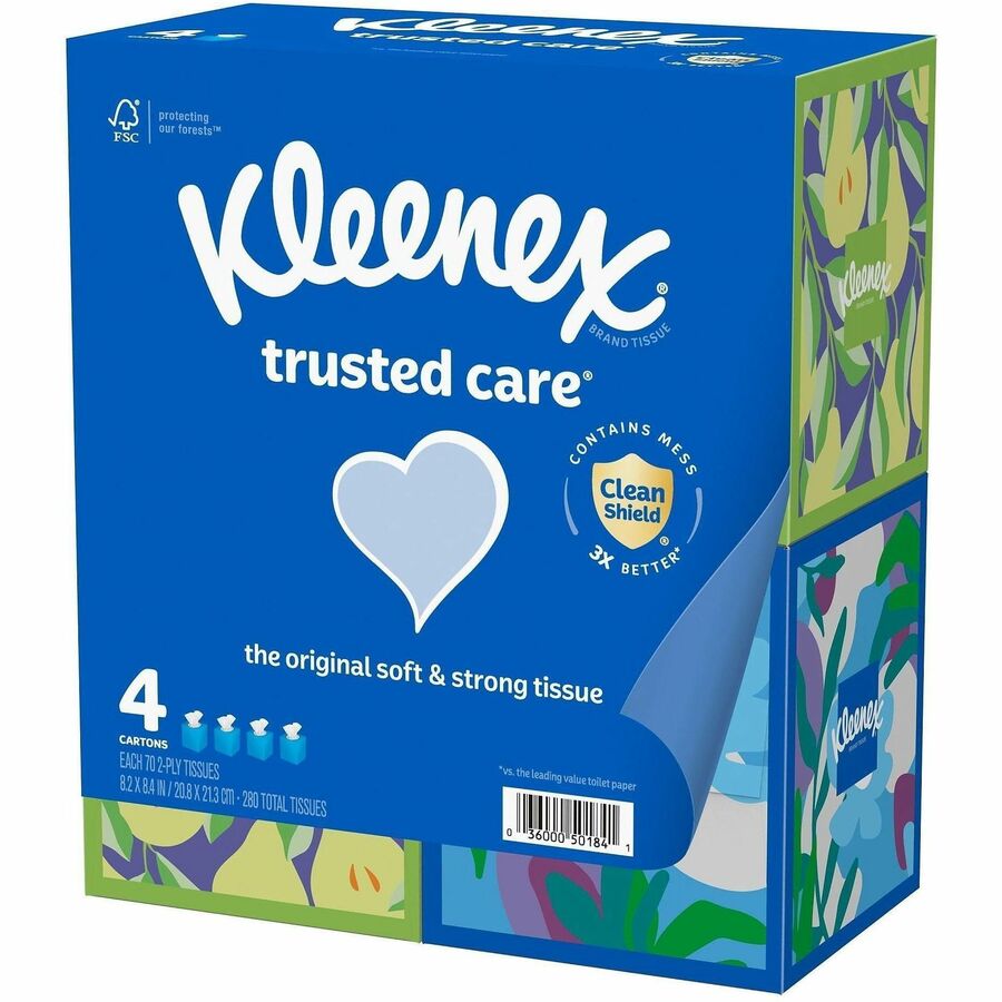 Kleenex Trusted Care Tissues - 2 Ply - 8.20" x 8.40" - White - Soft, Strong, Absorbent, Durable - For Home, Office, School - 70 Per Box - 4 / Pack