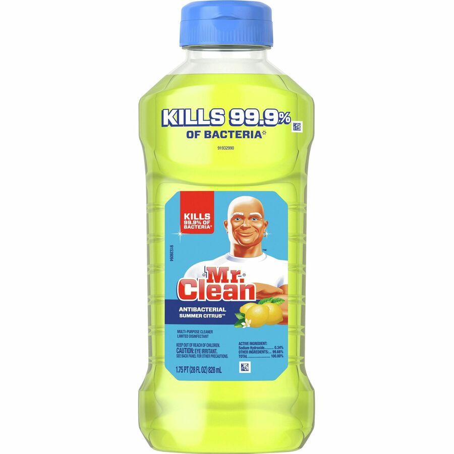 Mr. Clean Antibacterial Cleaner - 28 fl oz (0.9 quart) - Summer Citrus, Lemon Scent - 9 / Carton - Antibacterial, Phosphate-free, Ammonia-free, Bleach-free - Yellow - 3