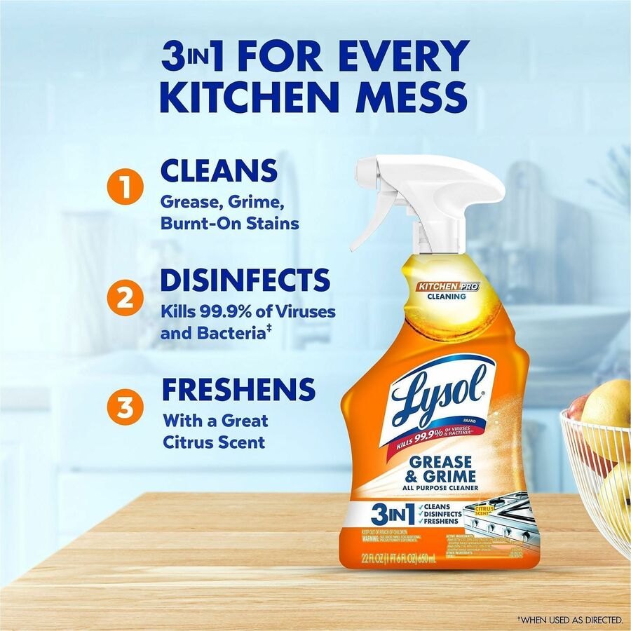 Lysol Kitchen Pro Antibacterial Cleaner - For Multi Surface - 22 fl oz (0.7 quart) - Fresh Citrus Scent - 9 / Carton - Deodorize, Streak-free, Chemical-free, Disinfectant, Anti-bacterial, Residue-free - Clear