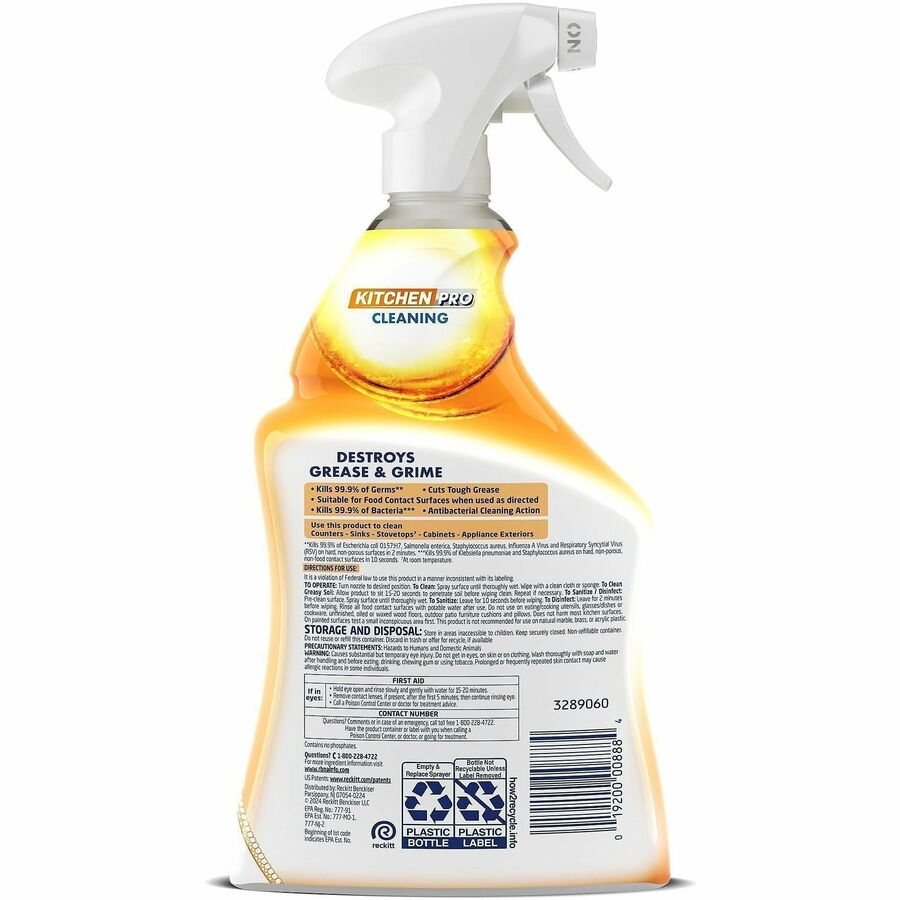 Lysol Kitchen Pro Antibacterial Cleaner - For Multi Surface - 22 fl oz (0.7 quart) - Fresh Citrus Scent - 9 / Carton - Deodorize, Streak-free, Chemical-free, Disinfectant, Anti-bacterial, Residue-free - Clear