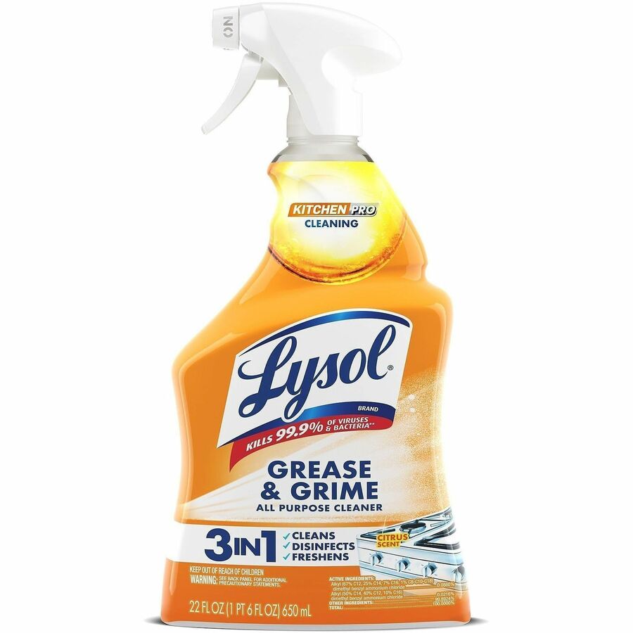 Lysol Kitchen Pro Antibacterial Cleaner - For Multi Surface - 22 fl oz (0.7 quart) - Fresh Citrus Scent - 9 / Carton - Deodorize, Streak-free, Chemical-free, Disinfectant, Anti-bacterial, Residue-free - Clear