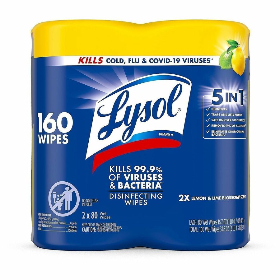 Lysol Disinfecting Wipes - Lemon Lime Scent - 80 / Canister - 6 / Carton - Pre-moistened, Disinfectant, Antibacterial - White