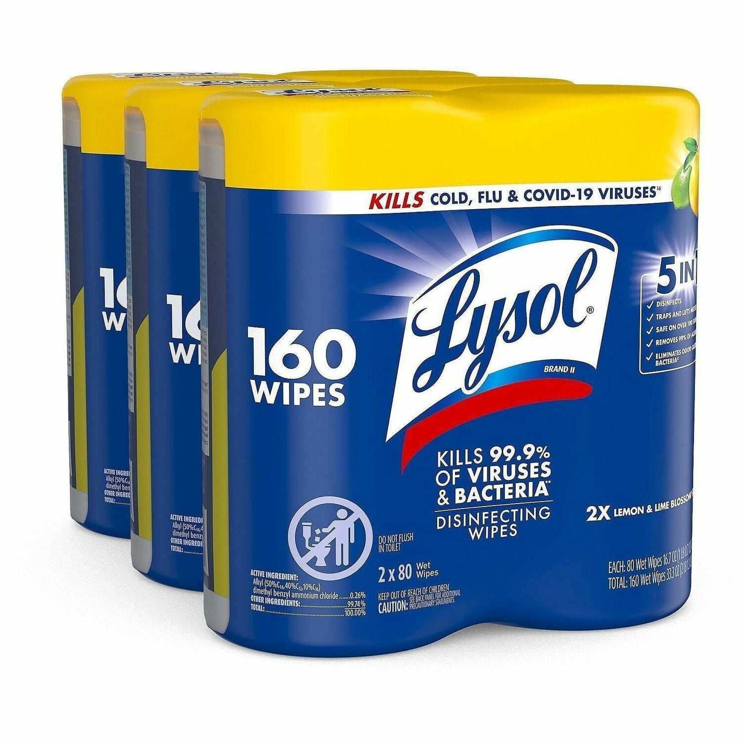 Lysol Disinfecting Wipes - Lemon Lime Scent - 80 / Canister - 6 / Carton - Pre-moistened, Disinfectant, Antibacterial - White
