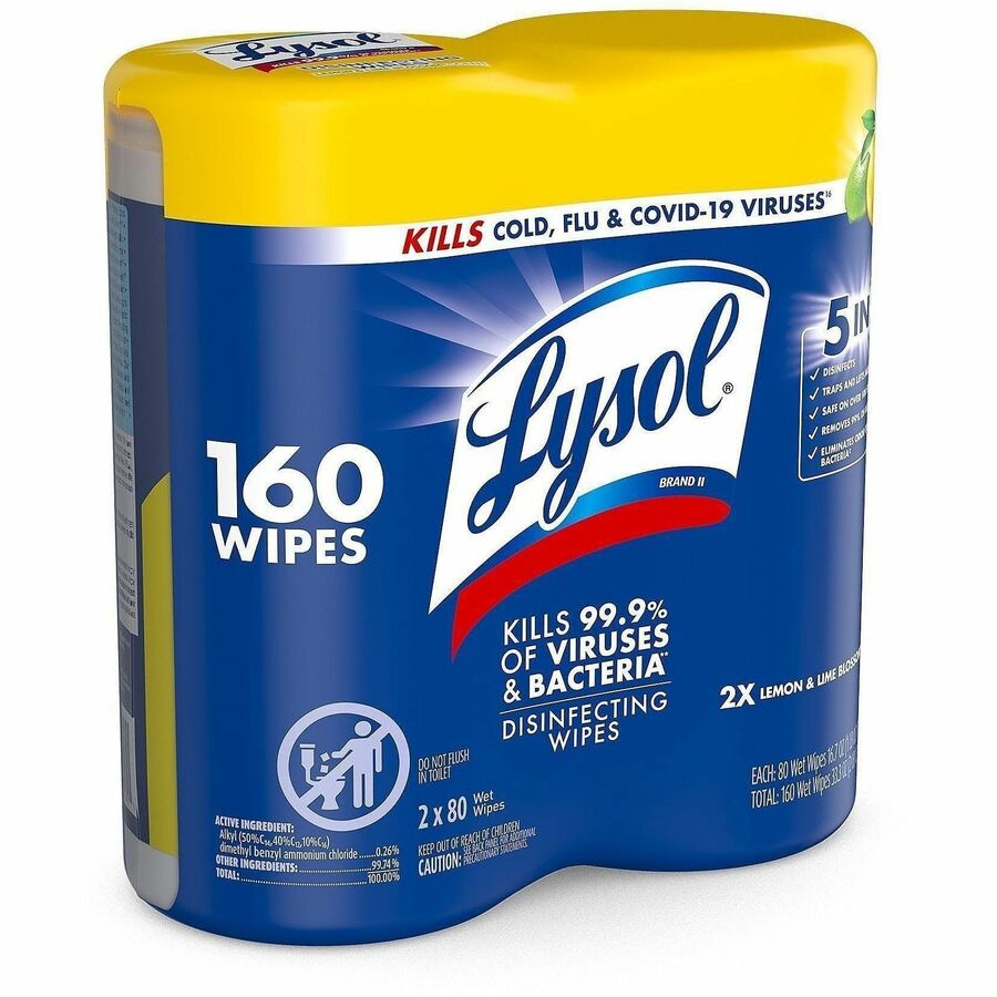 Lysol Disinfecting Wipes - Lemon Lime Scent - 80 / Canister - 6 / Carton - Pre-moistened, Disinfectant, Antibacterial - White