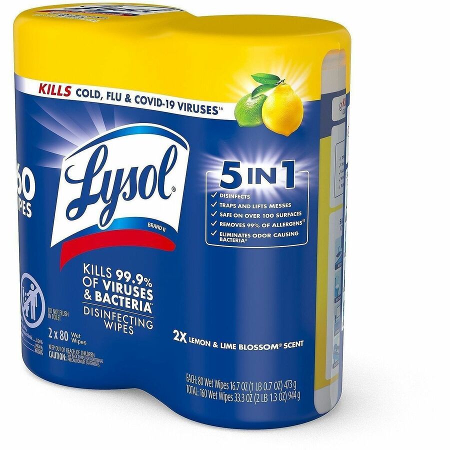 Lysol Disinfecting Wipes - Lemon Lime Scent - 80 / Canister - 6 / Carton - Pre-moistened, Disinfectant, Antibacterial - White