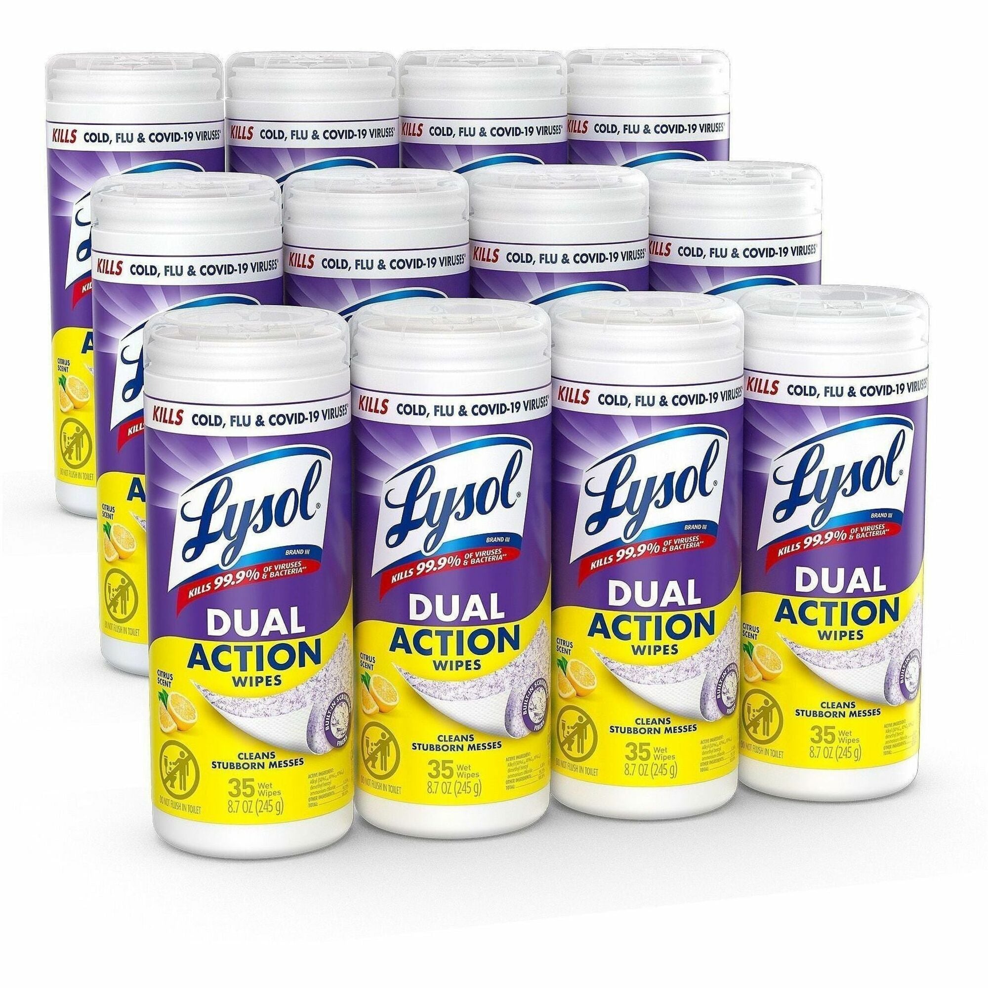 Dual Action Disinfecting Wipes, 1-Ply, 7 x 7.5, Citrus, White/Purple, 35/Canister, 12 Canisters/Carton
