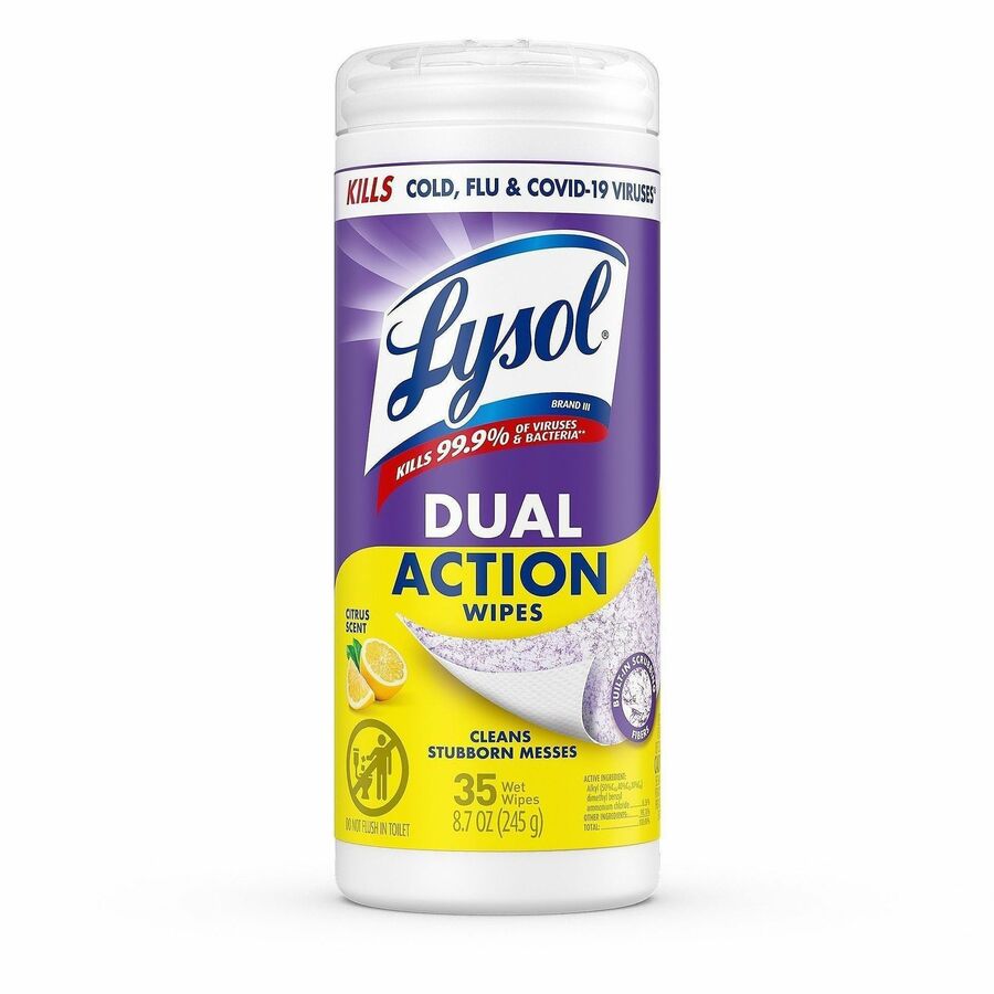 Dual Action Disinfecting Wipes, 1-Ply, 7 x 7.5, Citrus, White/Purple, 35/Canister, 12 Canisters/Carton