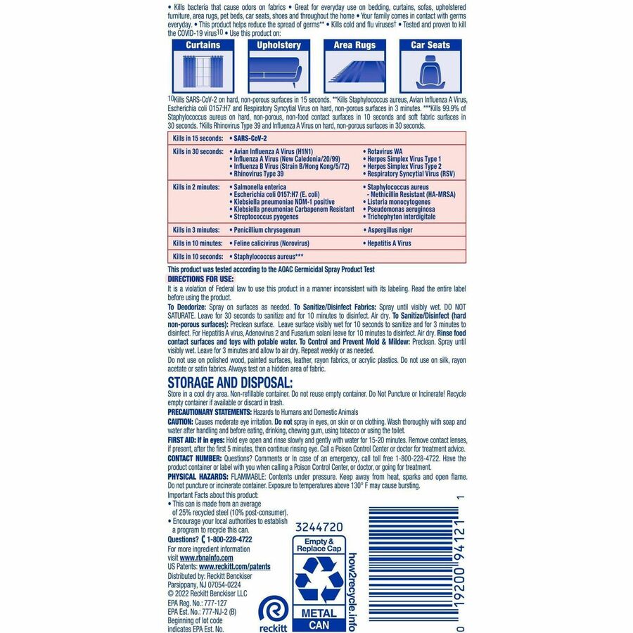 Lysol Fabric Disinfectant Spray - 15 fl oz (0.5 quart) - Lavender Fields Scent - 12 / Carton - Soft, Deodorize - Clear
