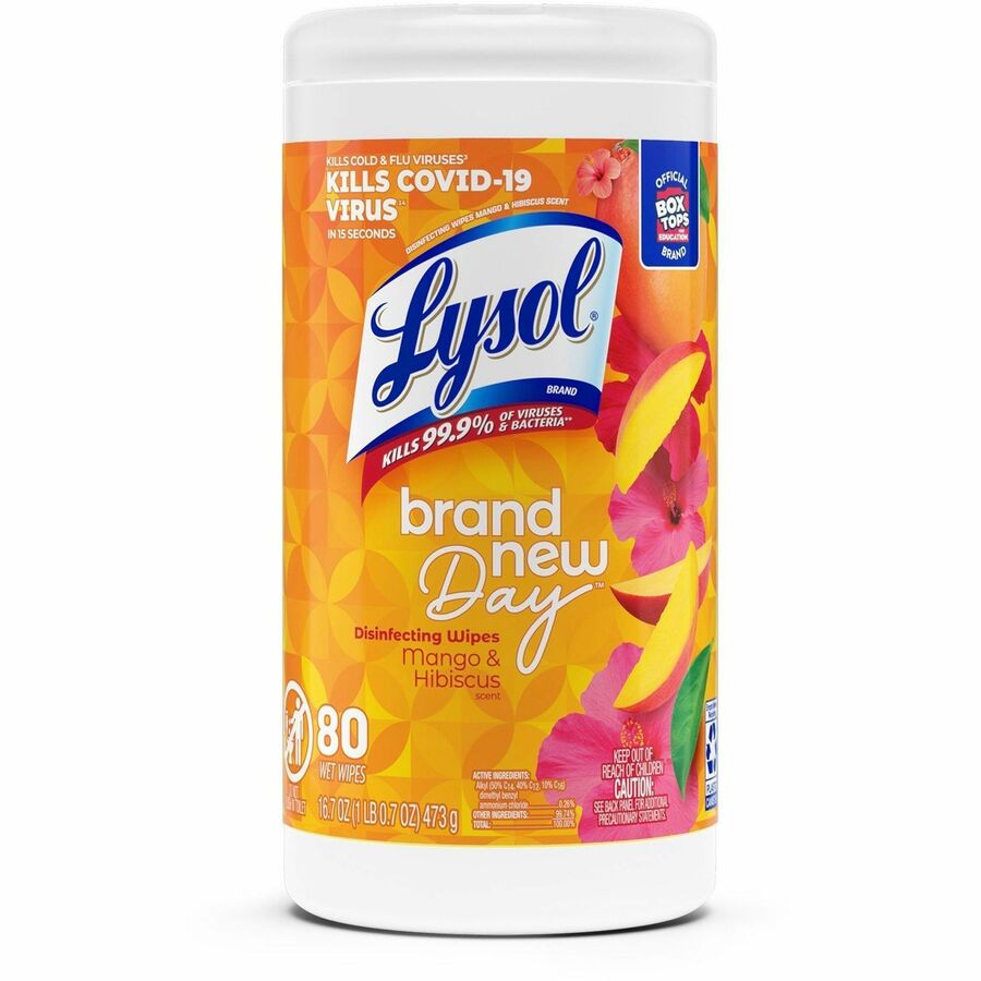 Lysol Brand New Day Disinfecting Wipes - Mango Scent - 80 / Canister - 6 / Carton - Disinfectant, Pre-moistened, Strong - White