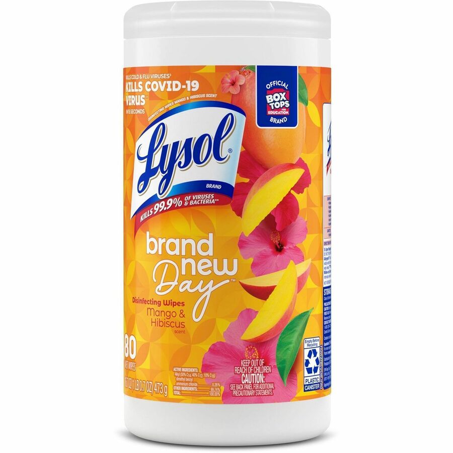 Lysol Brand New Day Disinfecting Wipes - Mango Scent - 80 / Canister - 6 / Carton - Disinfectant, Pre-moistened, Strong - White