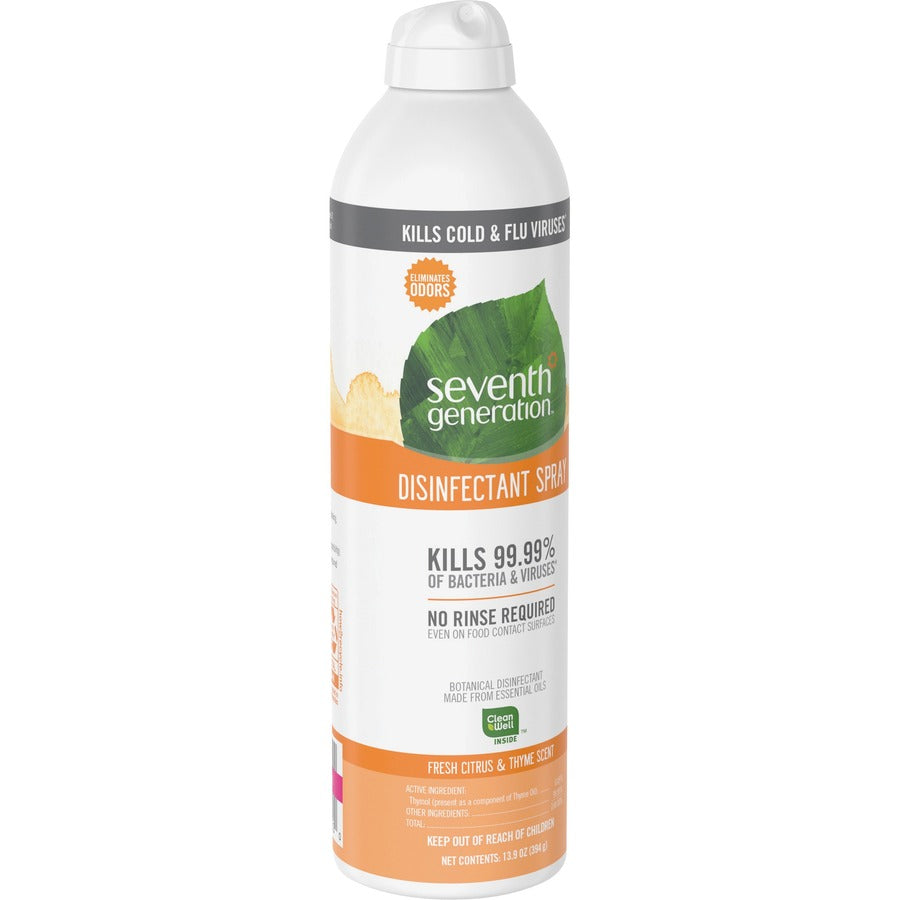 Seventh Generation Disinfectant Cleaner - For Day Care - 13.9 fl oz (0.4 quart) - Fresh Citrus & Thyme Scent - 8 / Carton - Non-flammable, Rinse-free, Antibacterial, Disinfectant - Clear