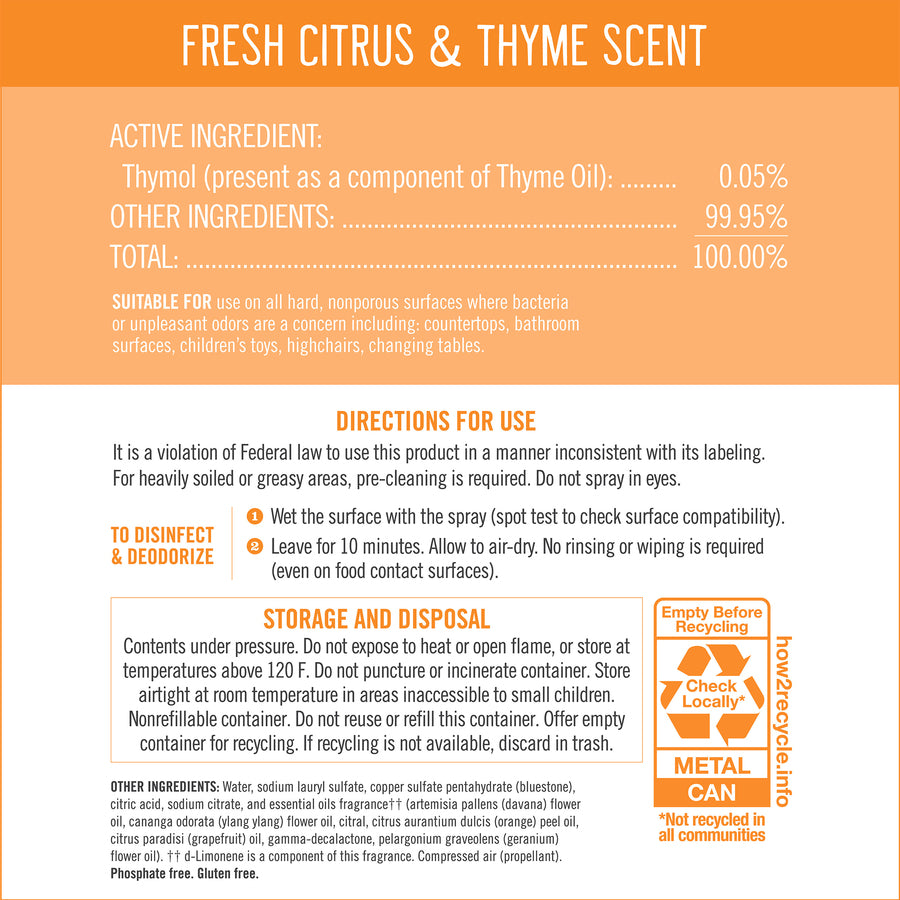 Seventh Generation Disinfectant Cleaner - For Day Care - 13.9 fl oz (0.4 quart) - Fresh Citrus & Thyme Scent - 8 / Carton - Non-flammable, Rinse-free, Antibacterial, Disinfectant - Clear
