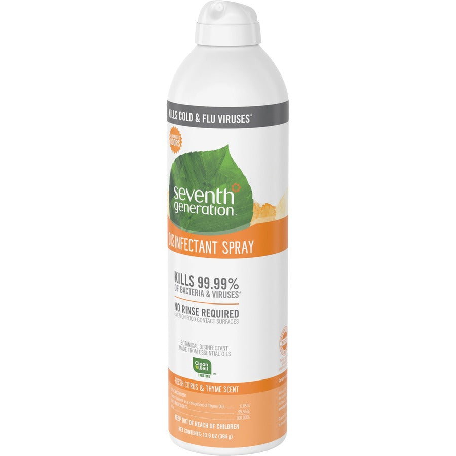 Seventh Generation Disinfectant Cleaner - For Day Care - 13.9 fl oz (0.4 quart) - Fresh Citrus & Thyme Scent - 8 / Carton - Non-flammable, Rinse-free, Antibacterial, Disinfectant - Clear