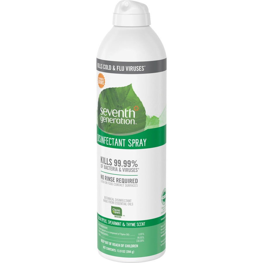 Seventh Generation Disinfectant Cleaner - For Day Care - 13.9 fl oz (0.4 quart) - Eucalyptus Spearmint & Thyme Scent - 8 / Carton - Non-flammable, Rinse-free, Antibacterial, Disinfectant - Clear